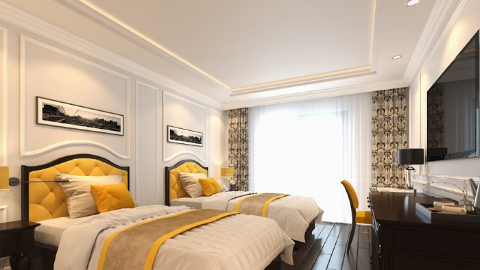 Phòng nghỉ được thiết kế hiện đại với sàn gỗ cao cấp